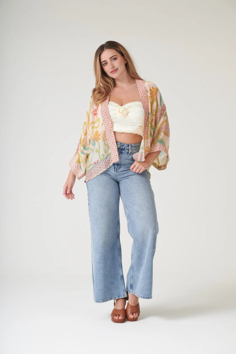 Kort kimono Giant Kantha Lime