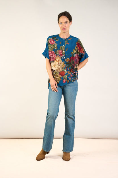 Tea blouse Primula Teal - One hundred stars - Flerfärgad - S/M - Oneteablouseprimulateal - S/M